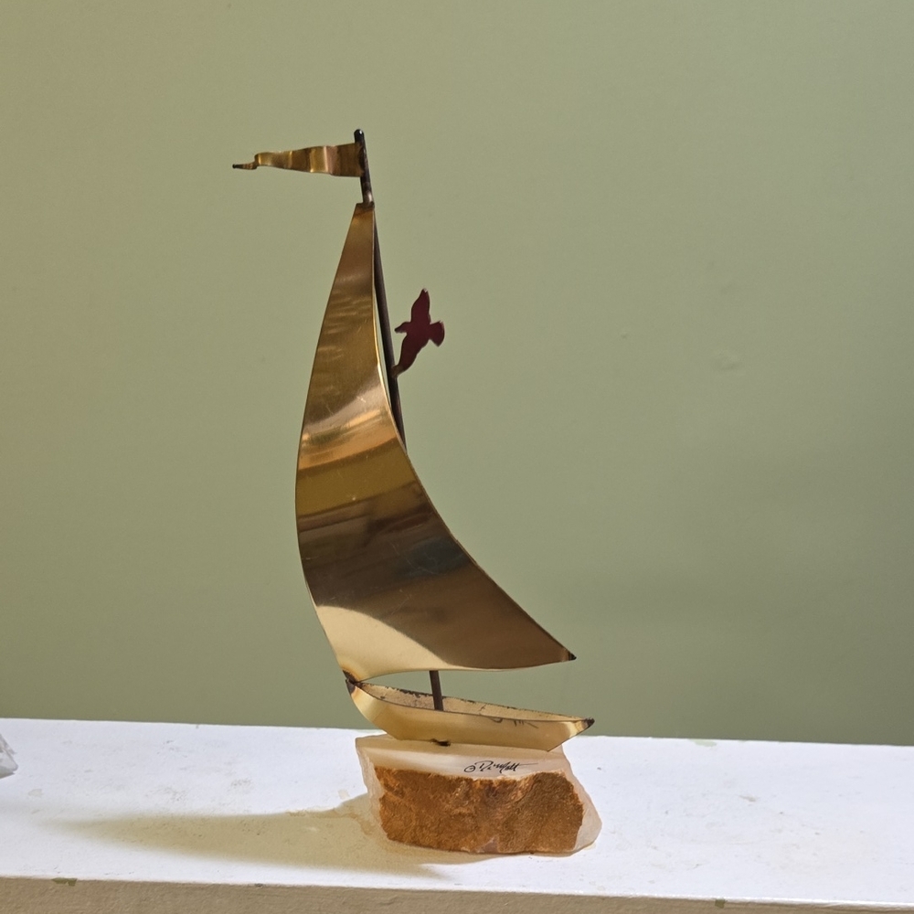 vintage DeMott Brass Sailboat on Polished StoneRelated TagsBrass·Stone